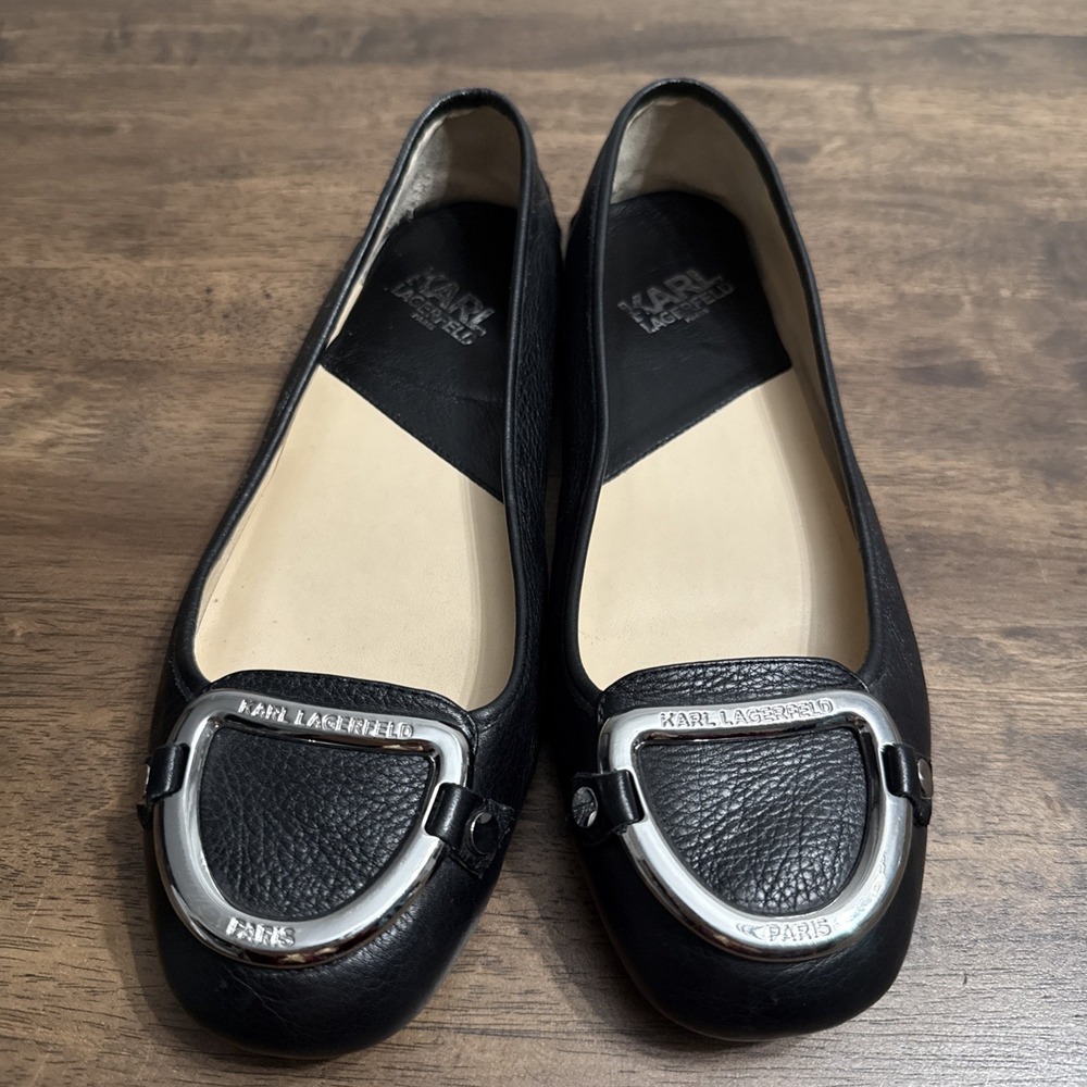 Karl Lagerfeld Women's Ballet Shoes Black Leather Vavin Silver Buckle Size 9.5